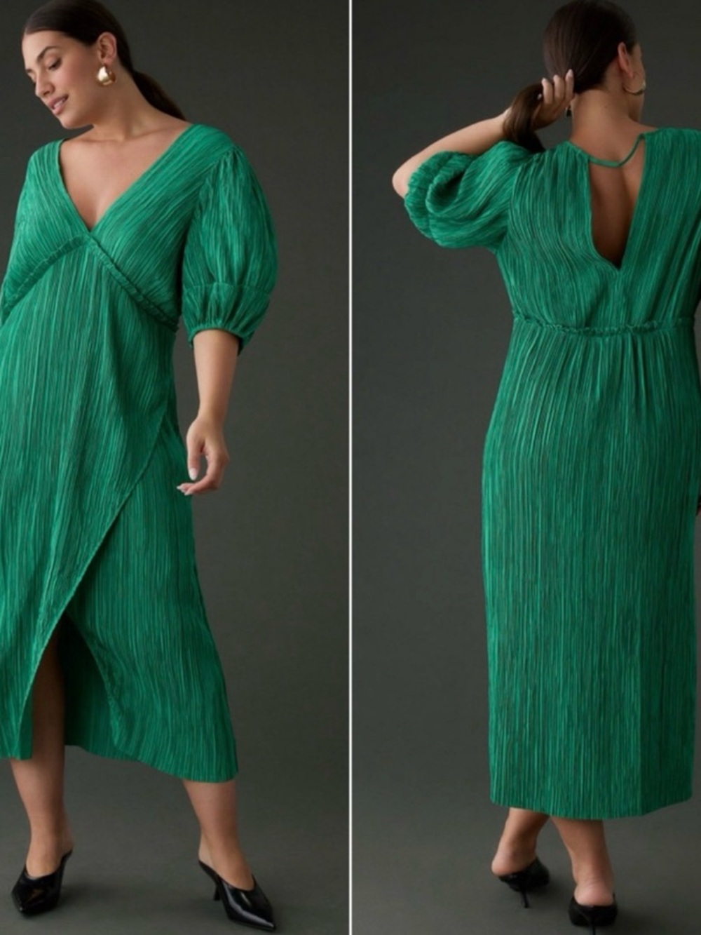 Anthropologie V-Neck Plisse Pleated Satin Midi Dress in Green (Size Large)